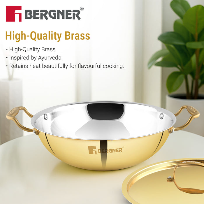 Bergner Peetlam 28cm / 4.3L Kadai with Lid, Tin (Kalai) Coated Kadhai, Brass