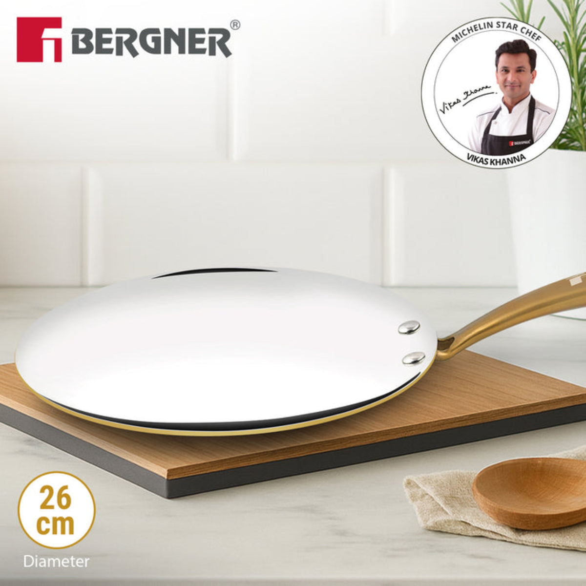 Bergner Peetlam Concave Tawa 26cm, Brass Roti Tawa with Tin (Kalai) Coated