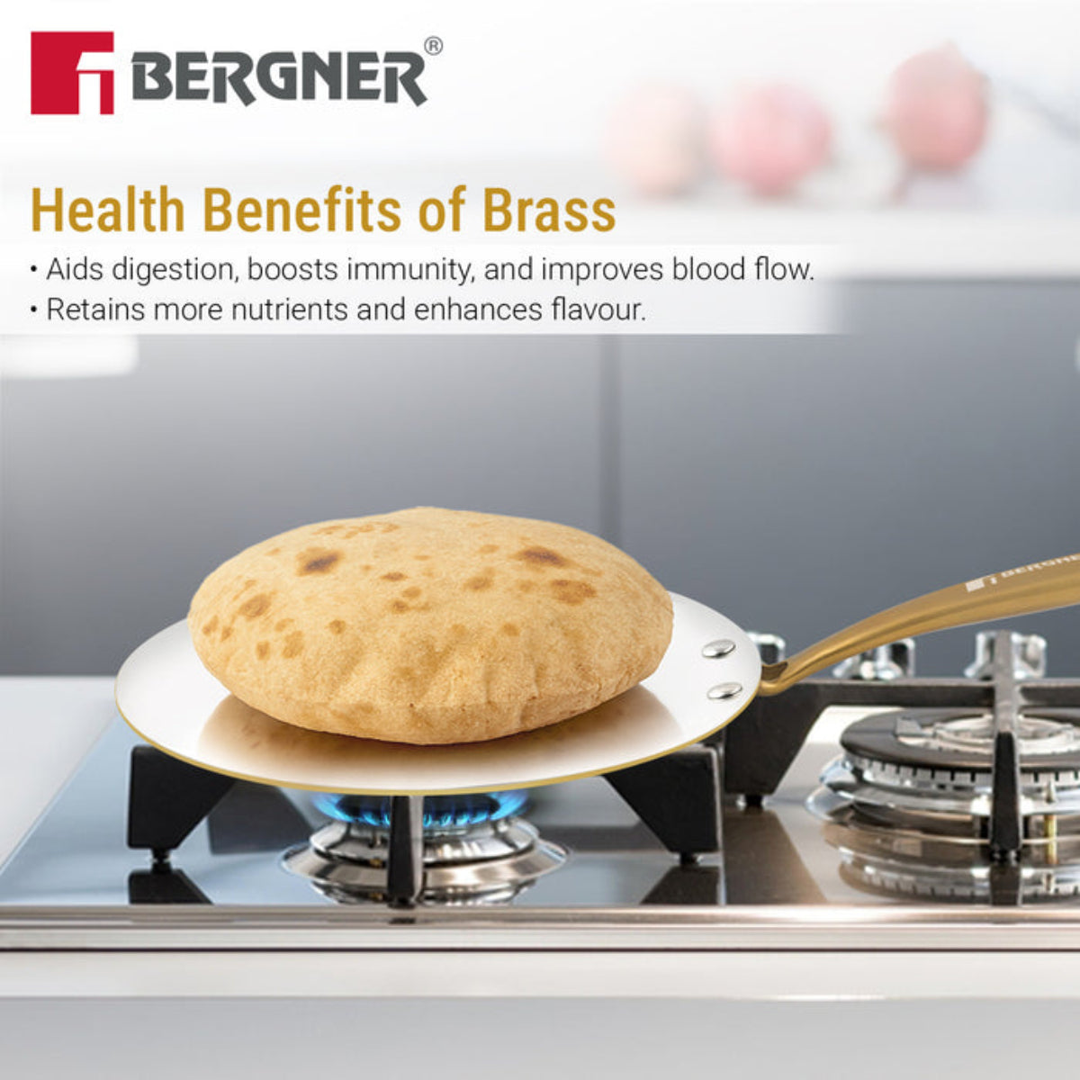 Bergner Peetlam Concave Tawa 26cm, Brass Roti Tawa with Tin (Kalai) Coated