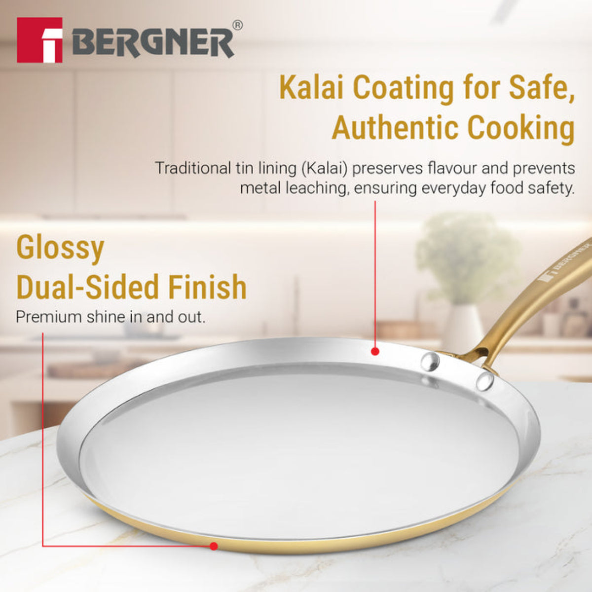 Bergner Peetlam Dosa Tawa 28cm, Brass Crape Tawa with Tin (Kalai) Coated