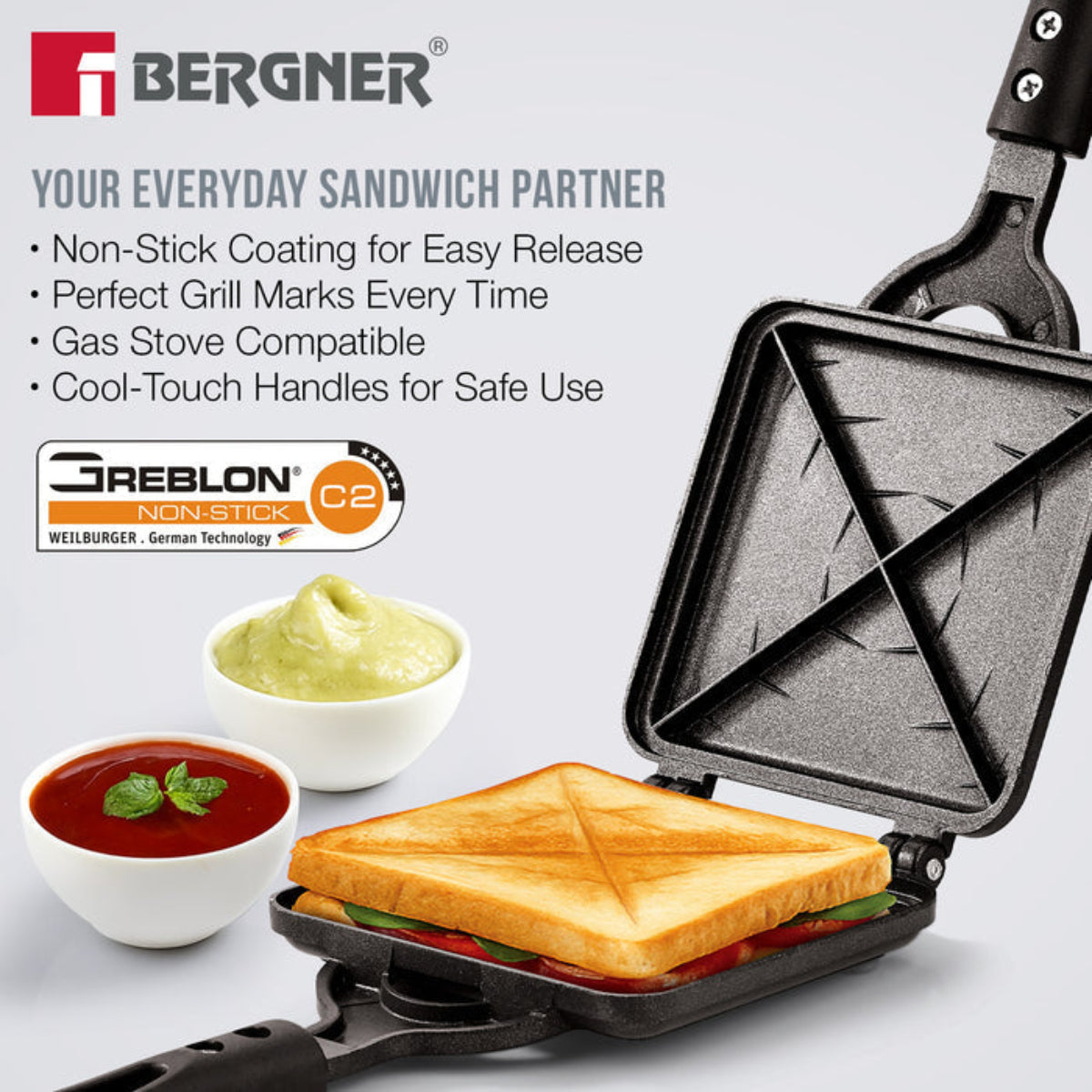 Bergner Senator Sandwich Toaster, Non-Stick - Gas Stove Compatible