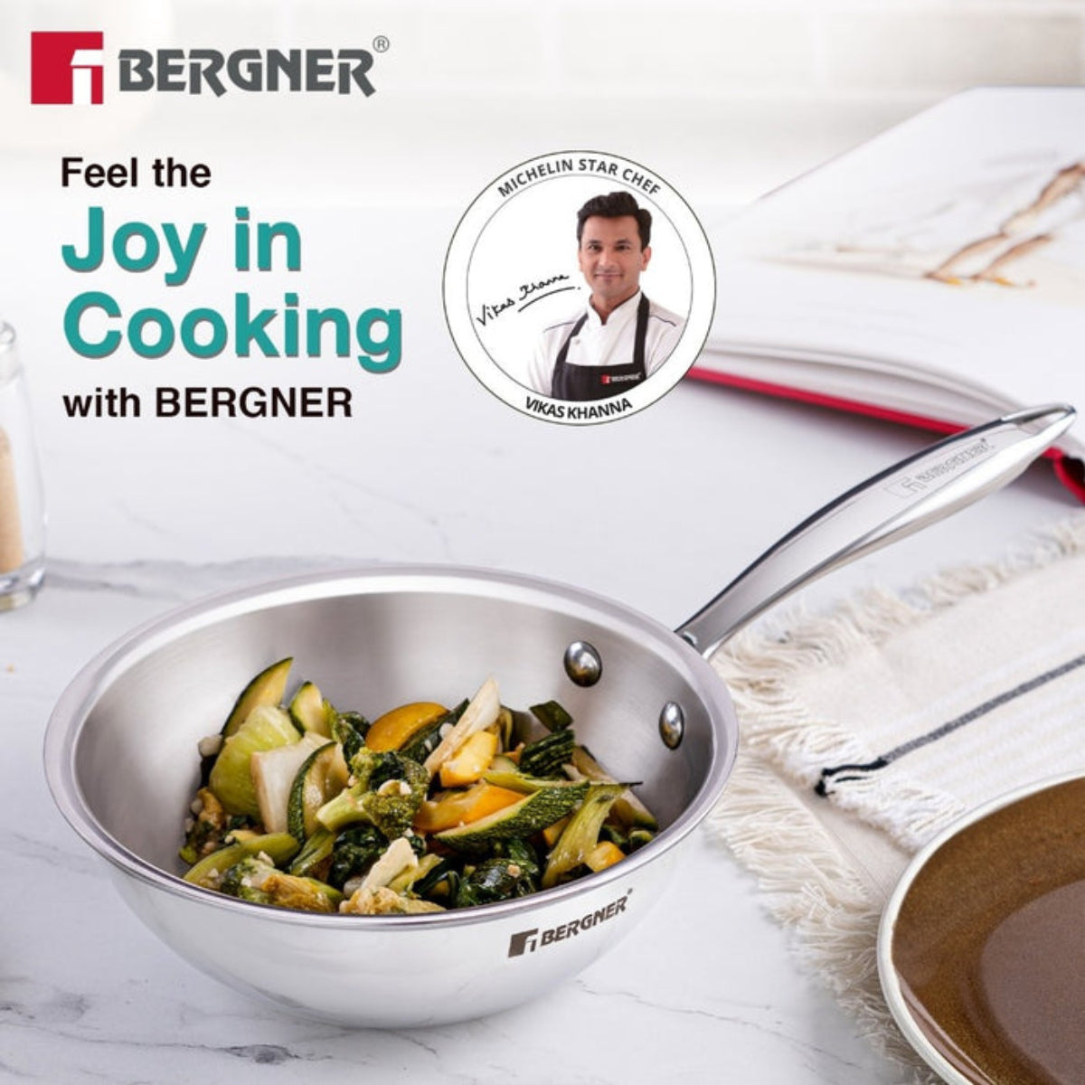 Bergner Argent Junior Chef Tri-Ply Stainless Steel  18cm (1.3 L) Wok
