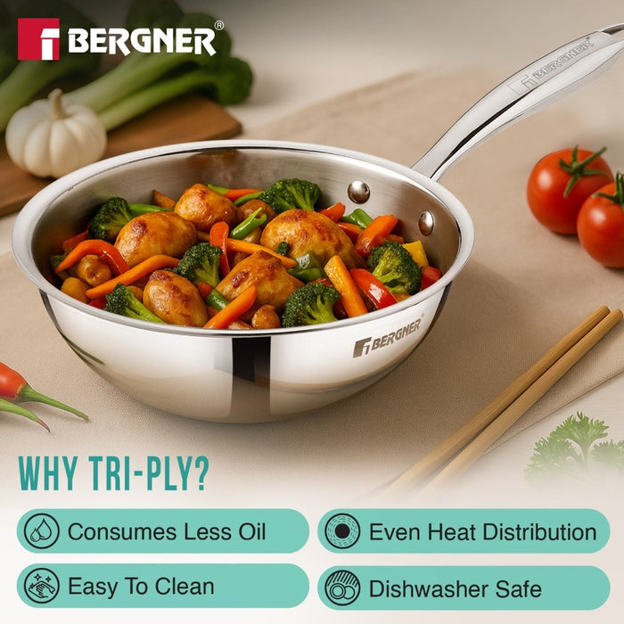 Bergner Argent Junior Chef Tri-Ply Stainless Steel  18cm (1.3 L) Wok