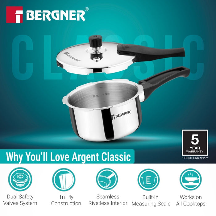 Bergner Argent Classic Triply 1 L Outer Lid Pressure Cooker Induction Bottom