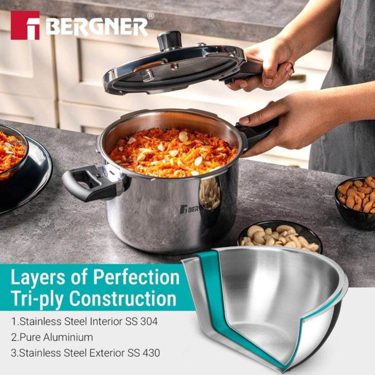 Bergner Argent Classic Triply 1.5 L Outer Lid Pressure Cooker - Induction Bottom