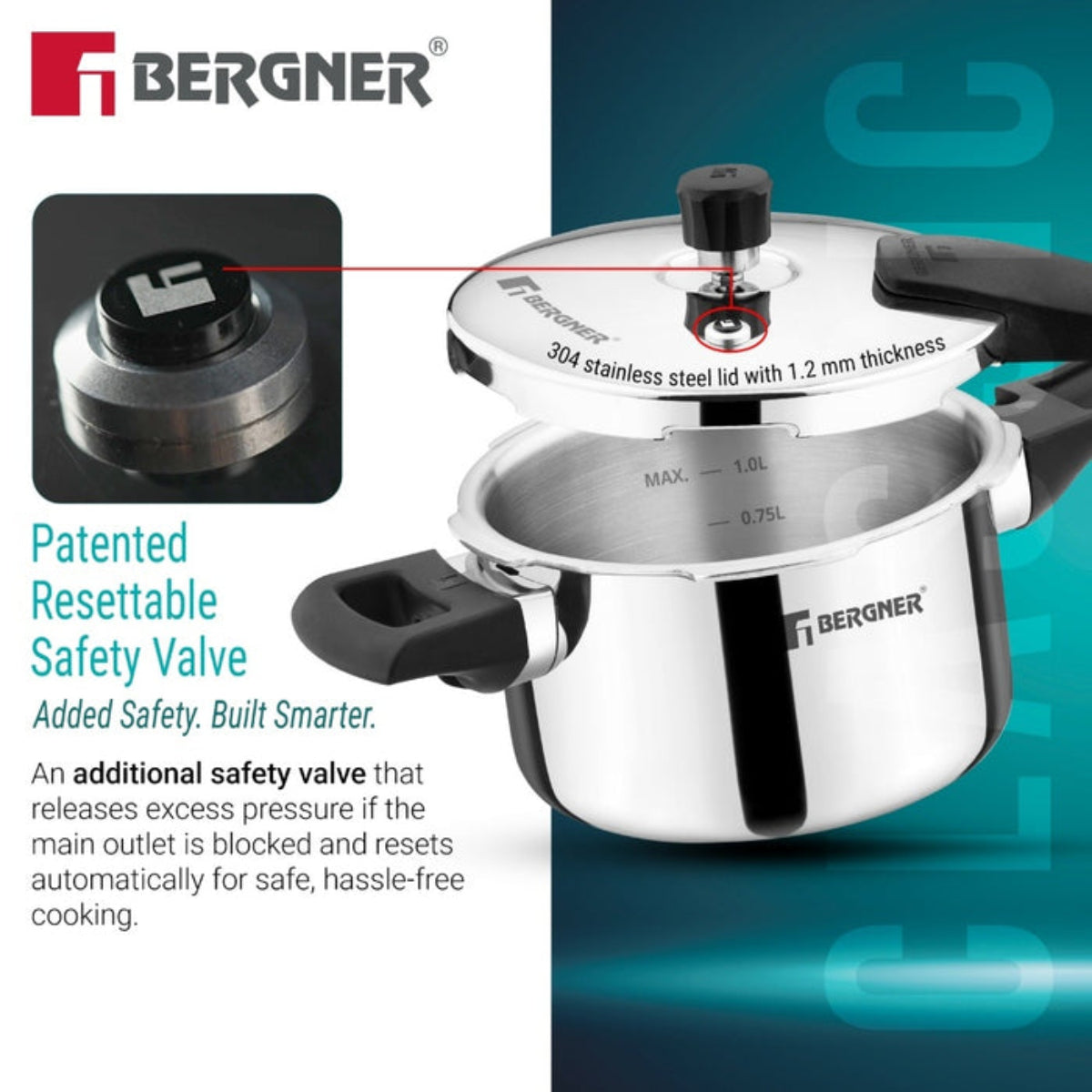 Bergner Argent Classic Triply 1.5 L Outer Lid Pressure Cooker - Induction Bottom