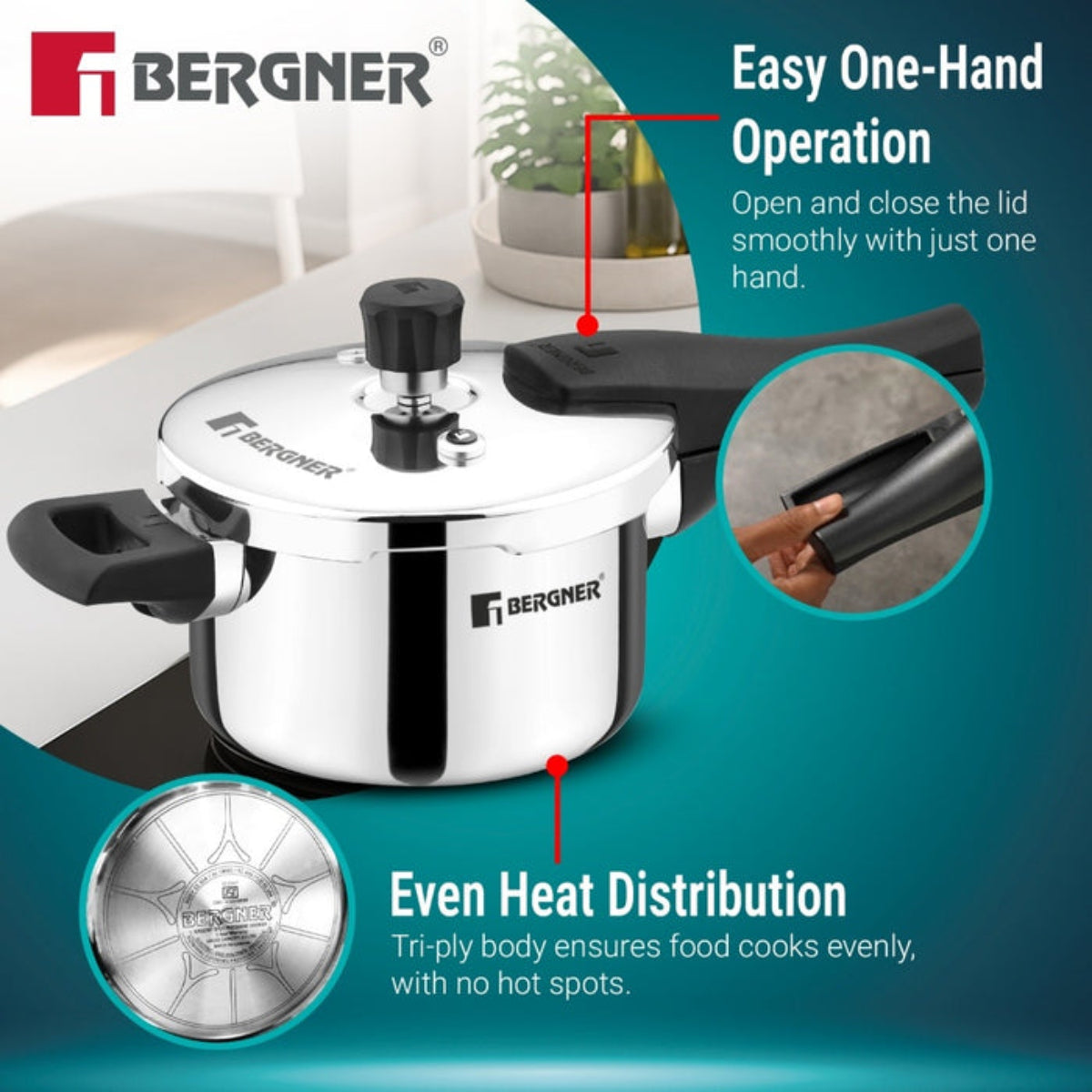 Bergner Argent Classic Triply 1.5 L Outer Lid Pressure Cooker - Induction Bottom