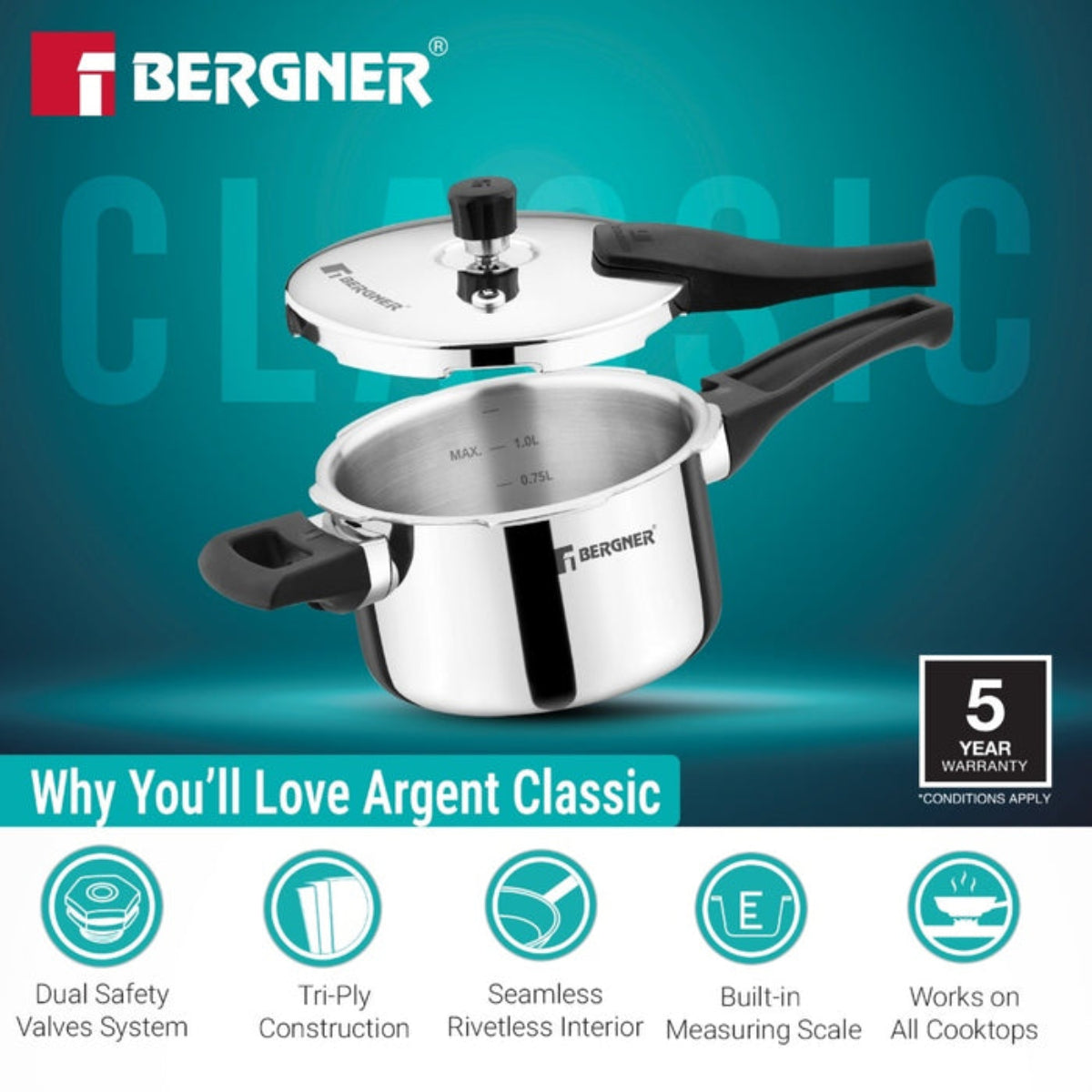 Bergner Argent Classic Triply 1.5 L Outer Lid Pressure Cooker - Induction Bottom