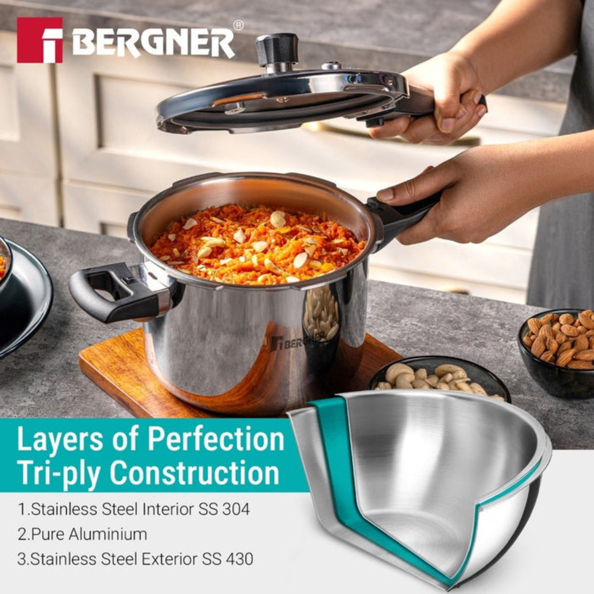 Bergner Argent Classic Triply 5.5 L Outer Lid Pressure Cooker Induction Bottom