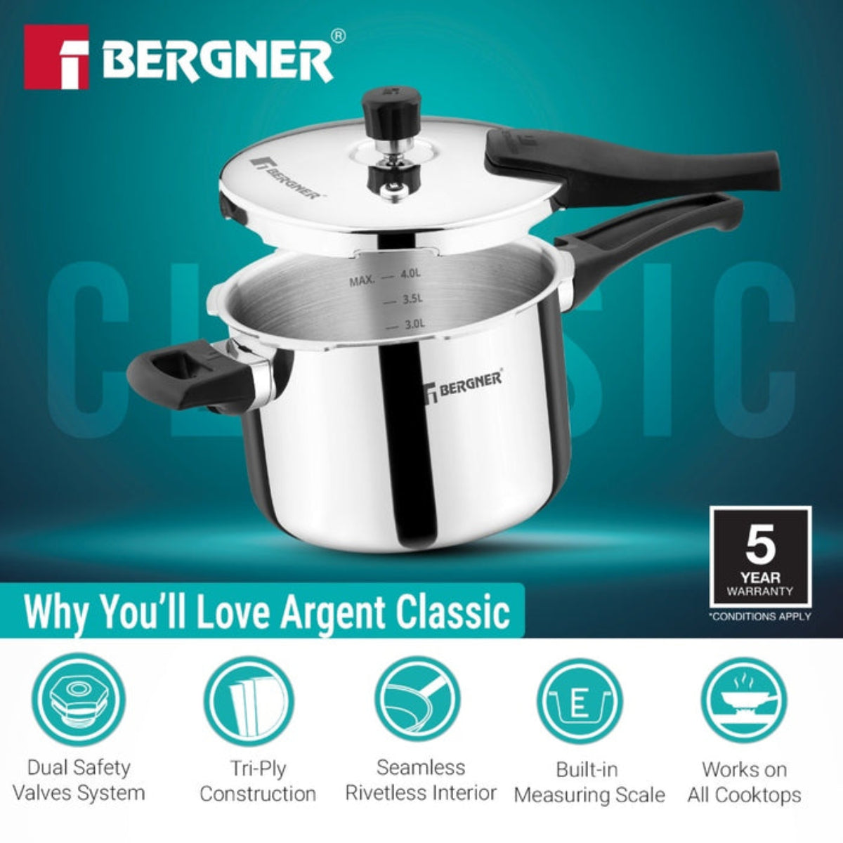 Bergner Argent Classic Triply 5.5 L Outer Lid Pressure Cooker Induction Bottom