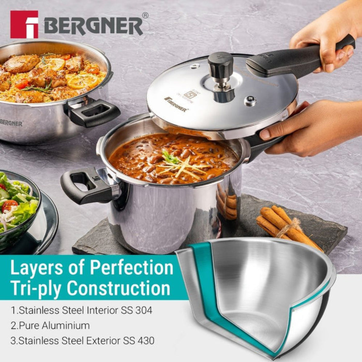 Bergner Argent Classic Triply 6.5 L Outer Lid Pressure Cooker - Induction Bottom