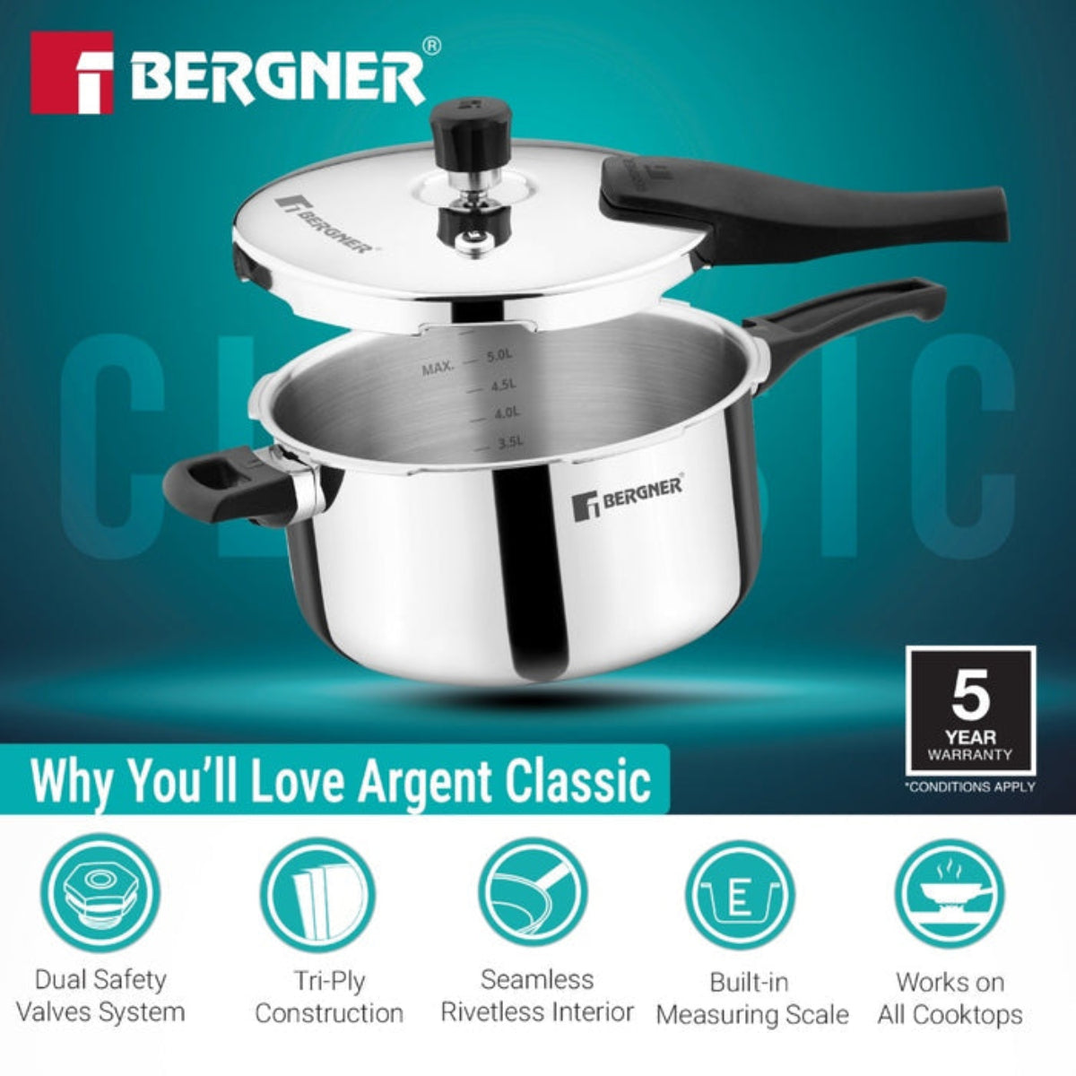 Bergner Argent Classic Triply 6.5 L Outer Lid Pressure Cooker - Induction Bottom