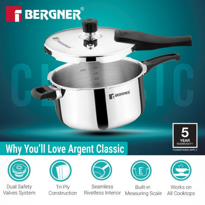 Bergner Argent Classic Triply 6.5 L Outer Lid Pressure Cooker - Induction Bottom