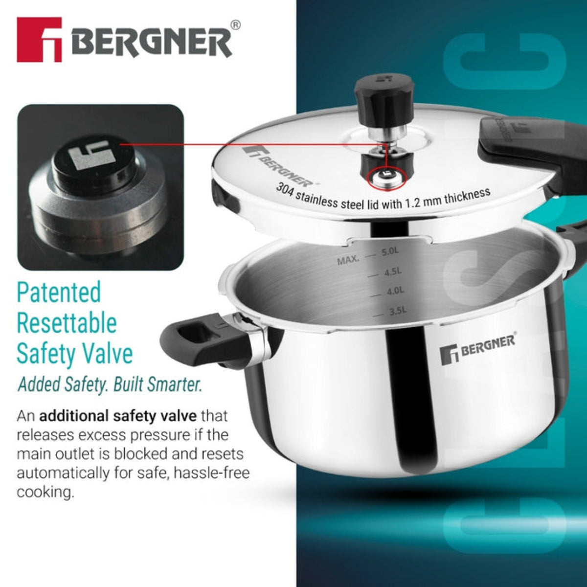 Bergner Argent Classic Triply 6.5 L Outer Lid Pressure Cooker - Induction Bottom