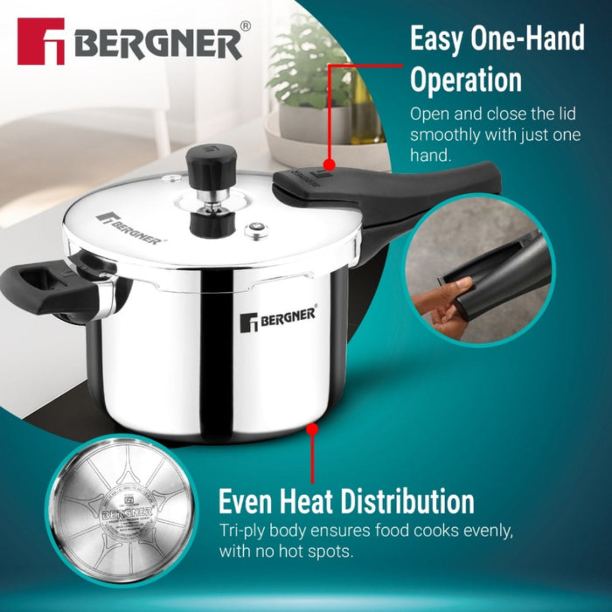 Bergner Argent Classic Triply 6.5 L Outer Lid Pressure Cooker - Induction Bottom