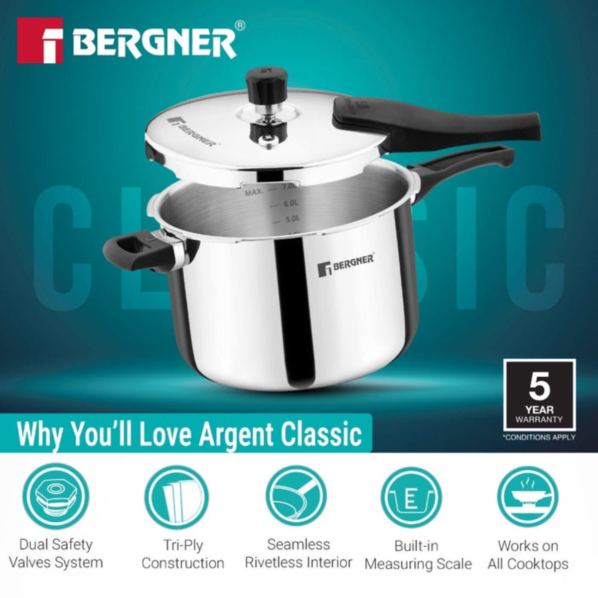 Bergner Argent Classic Triply 8 L Outer Lid Pressure Cooker - Induction Bottom