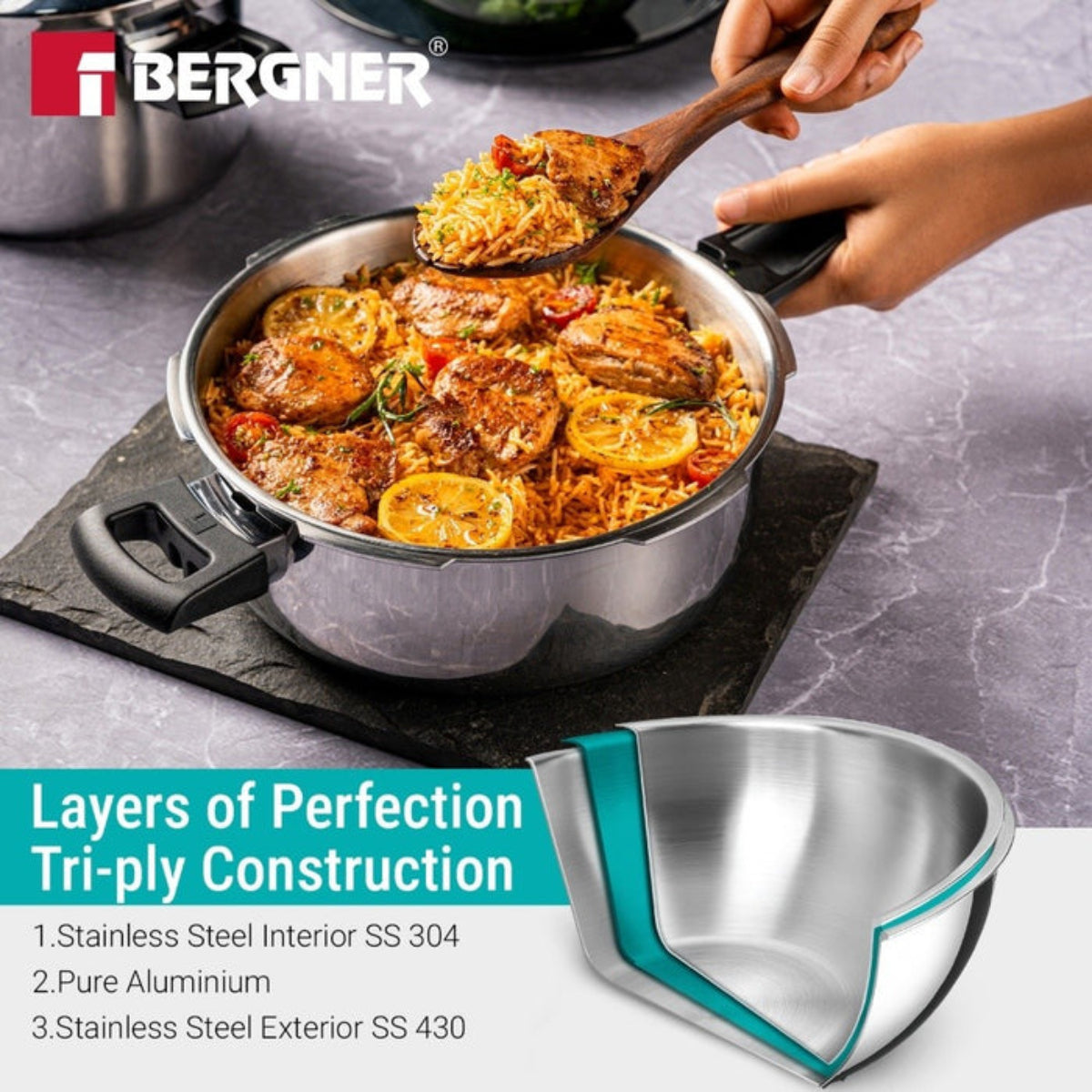 Bergner Argent Classic Triply 3.5 L Outer Lid Pressure Pan - Induction Bottom