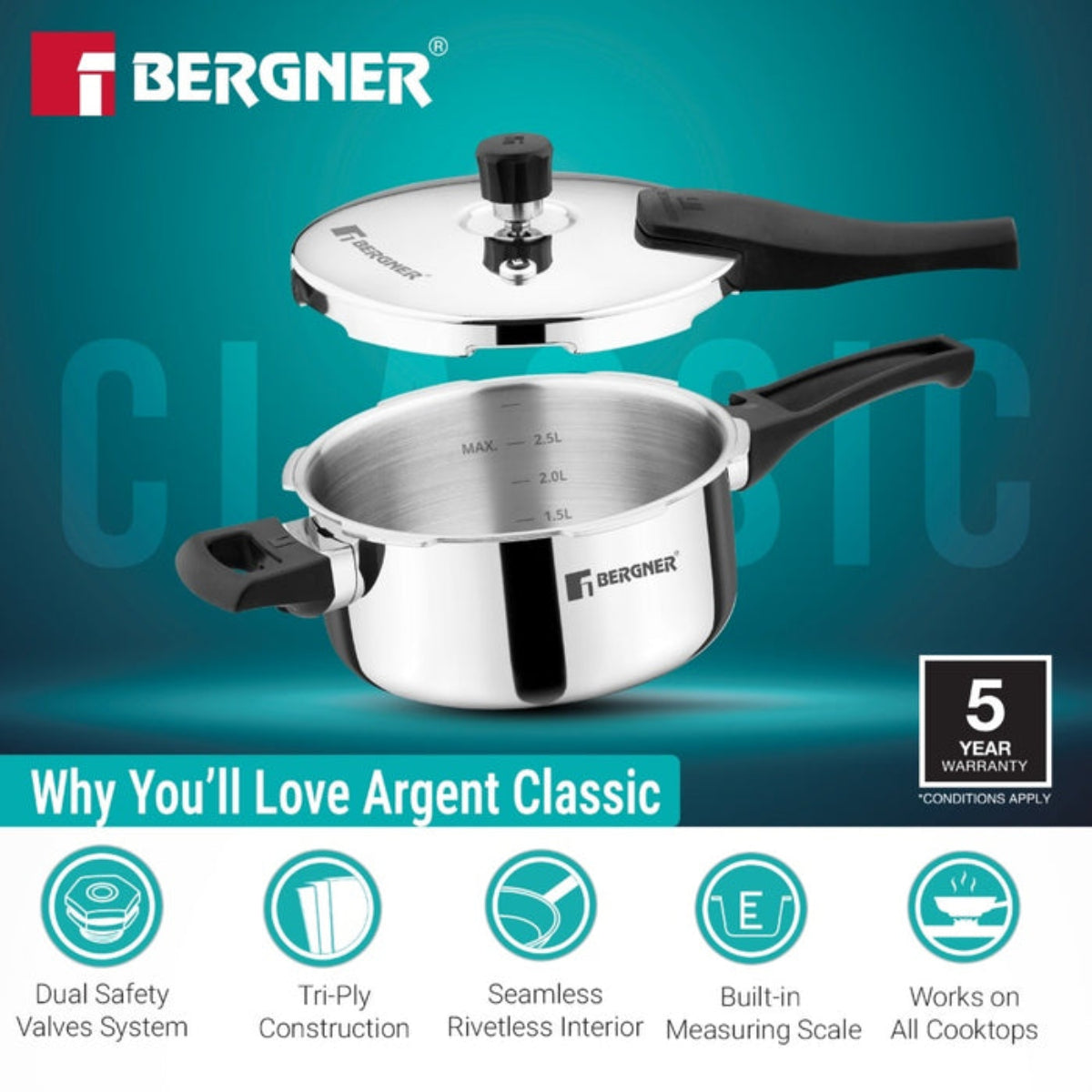 Bergner Argent Classic Triply 3.5 L Outer Lid Pressure Pan - Induction Bottom