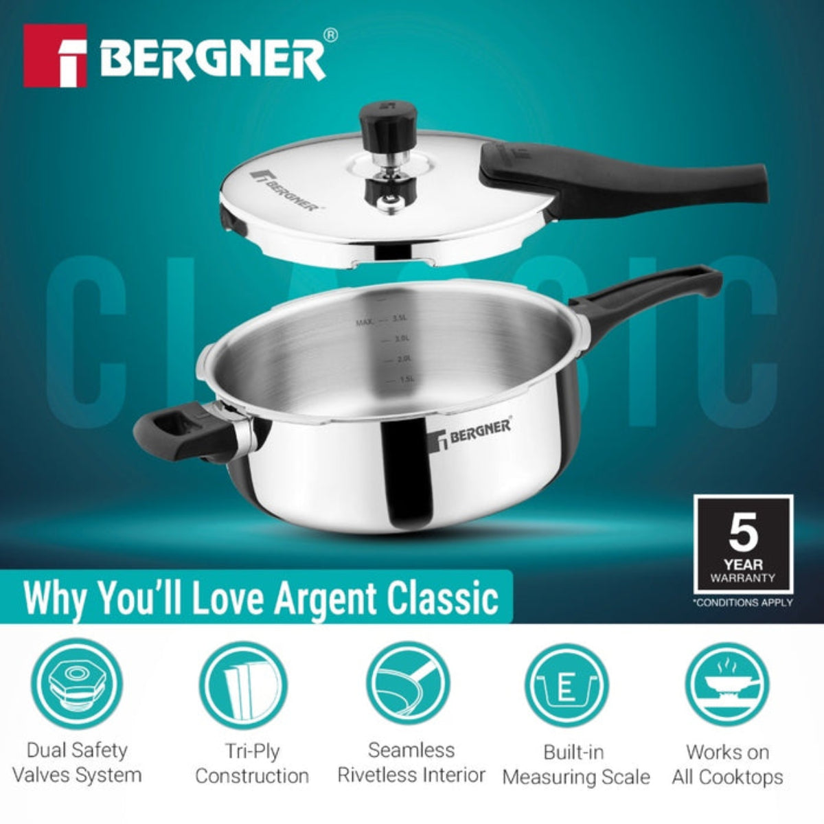 Bergner Argent Classic Triply 5 L Outer Lid Pressure Pan - Induction Bottom