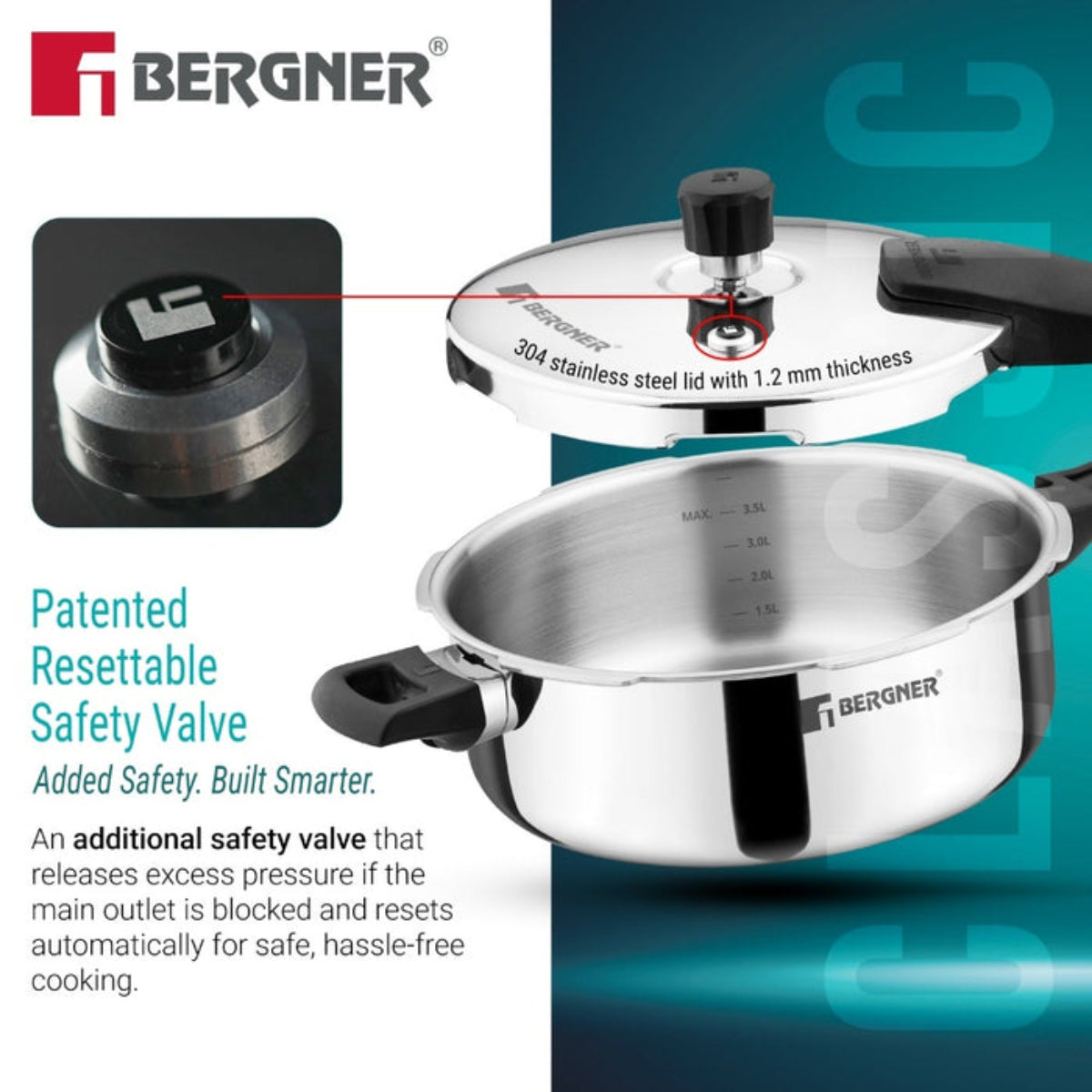 Bergner Argent Classic Triply 5 L Outer Lid Pressure Pan - Induction Bottom