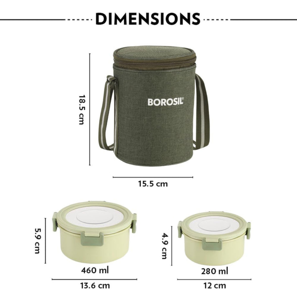 Borosil Glory Green Stainless Steel Lunch Box 3 pcs Container Set 280ml * 2 + 460ml * 1