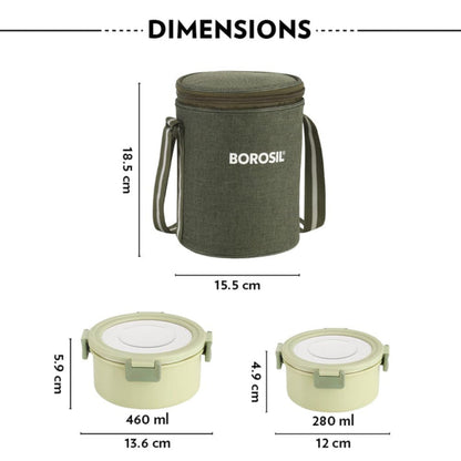 Borosil Glory Green Stainless Steel Lunch Box 3 pcs Container Set 280ml * 2 + 460ml * 1