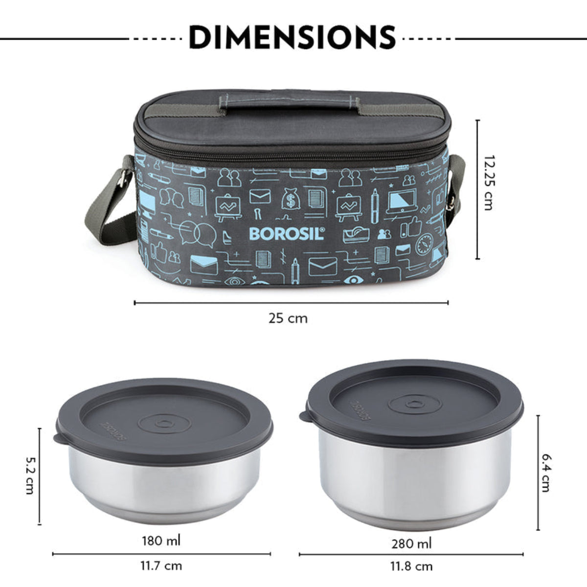 Borosil Carryfresh SS Insulated Lunchbox, Set of 4, (280ml x 2) + (180ml x 2)