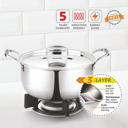 Borosil Cookfresh Triply Casserole (Steel Handle + Lid) 2.1L | 2.8 L | 3.6 L | 4.6 L
