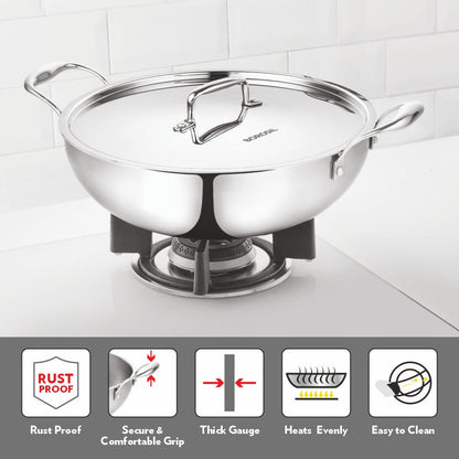 Borosil Cookfresh Triply Kadhai SS Handle With Lid 1.6 L| 2.1 L| 2.7 L|3.6 L| 4.6 L| 5.5 L| 6.4 L