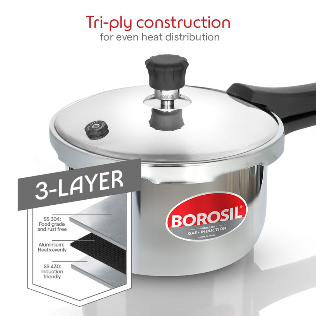 Borosil Presto Tri-Ply Outer Lid Pressure Cooker, 2L