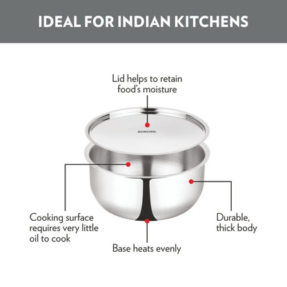 Borosil Cookfresh SS Triply Tope With Lid 1.2L | 3.1L | 3.6L | 4.6L