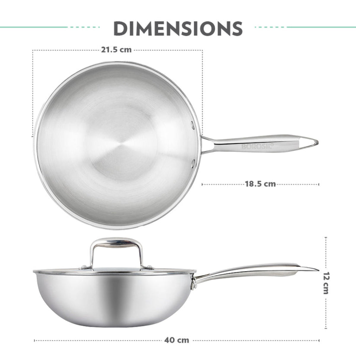 Borosil Cookfresh SS Tri-ply Wok with Lid 1.75 L | 2.25 L | 2.85 L  | 3.5 L