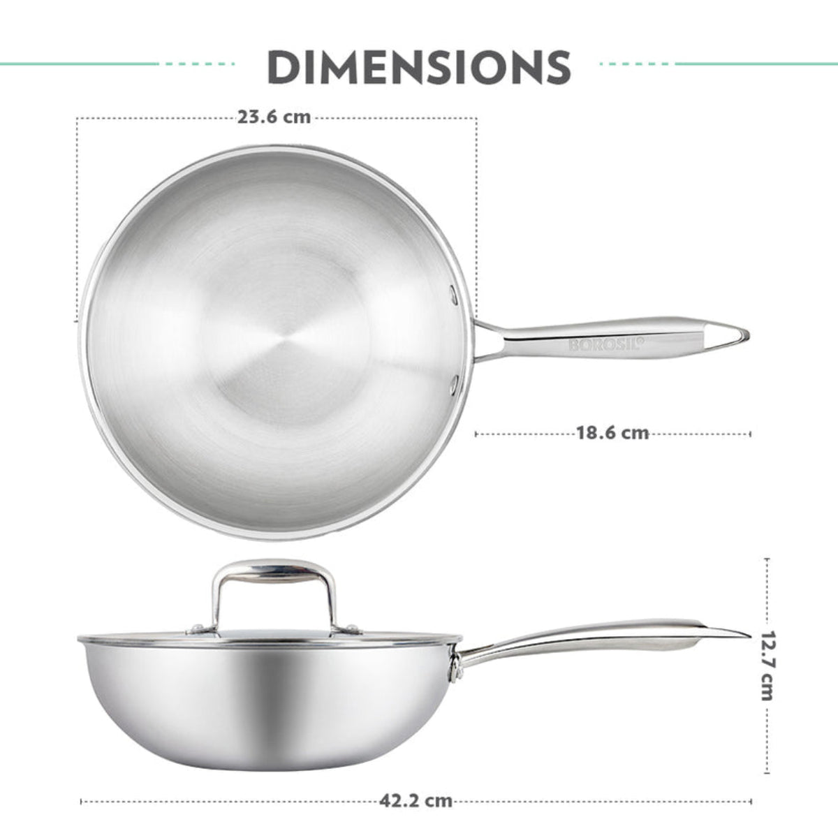 Borosil Cookfresh SS Tri-ply Wok with Lid 1.75 L | 2.25 L | 2.85 L  | 3.5 L