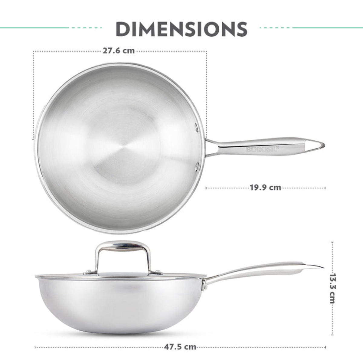 Borosil Cookfresh SS Tri-ply Wok with Lid 1.75 L | 2.25 L | 2.85 L  | 3.5 L