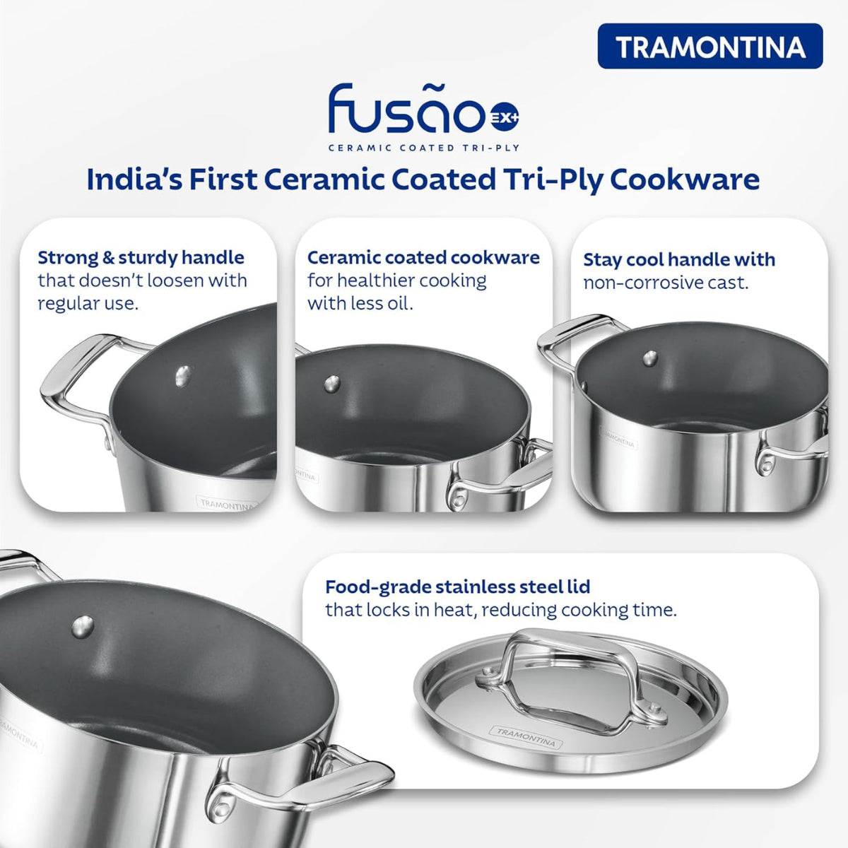 Tramontina Fusao EX+ Ceramic Stainless Steel Tri-Ply Biryani Lagan with SS Lid