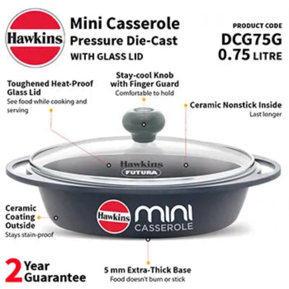 Hawkins Die Cast Oval Mini Casserole 0.75 Litre with Glass Lid