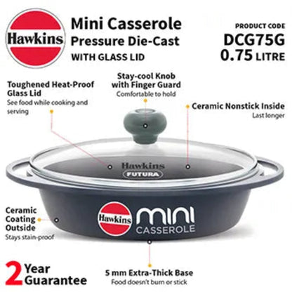 Hawkins Die Cast Oval Mini Casserole 0.75 Litre with Glass Lid