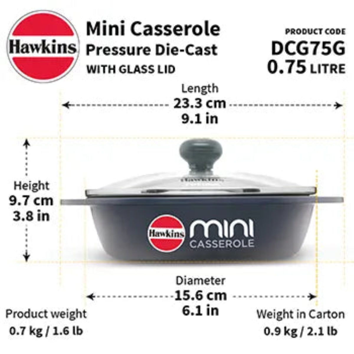 Hawkins Die Cast Oval Mini Casserole 0.75 Litre with Glass Lid