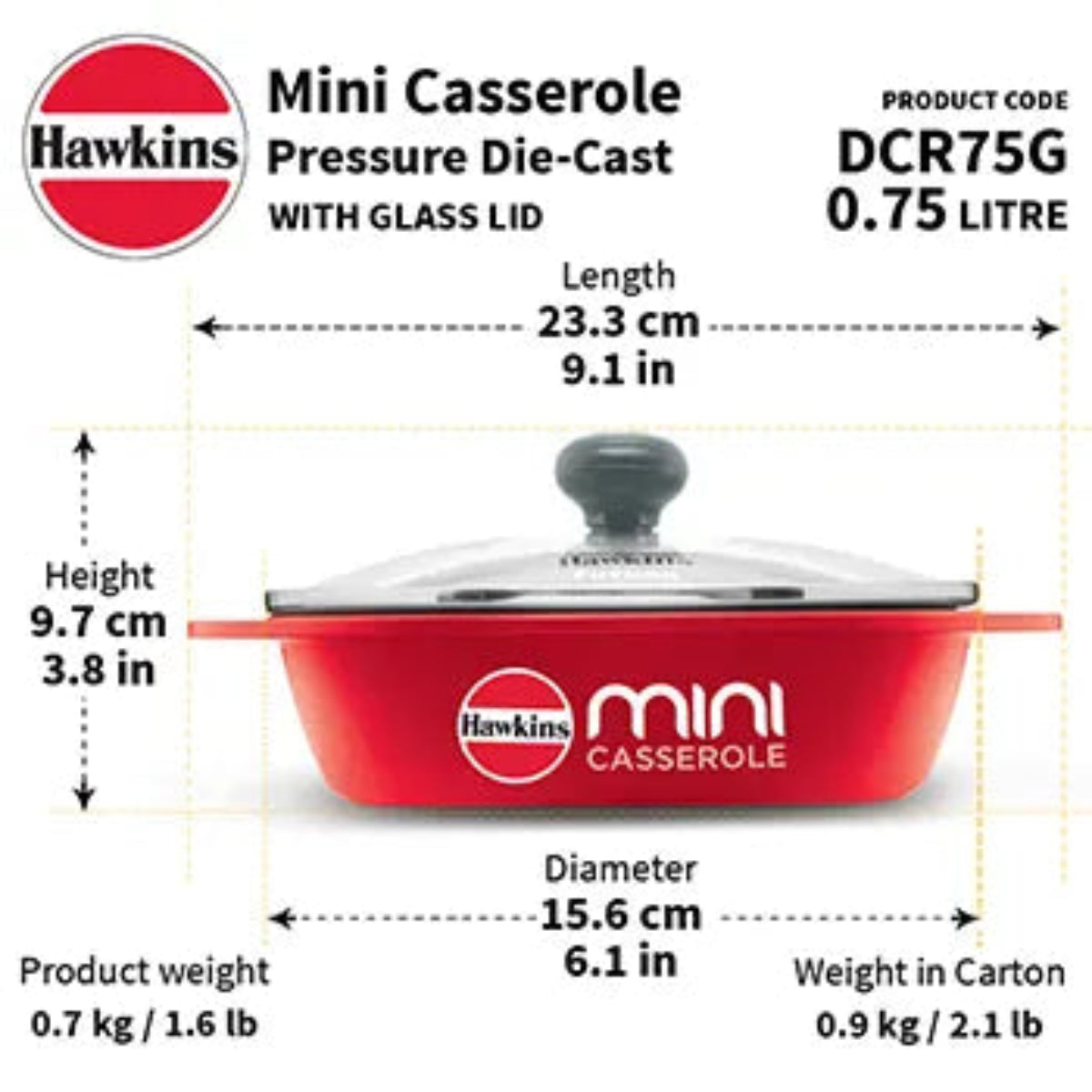 Hawkins Die Cast Oval Mini Casserole 0.75 Litre with Glass Lid