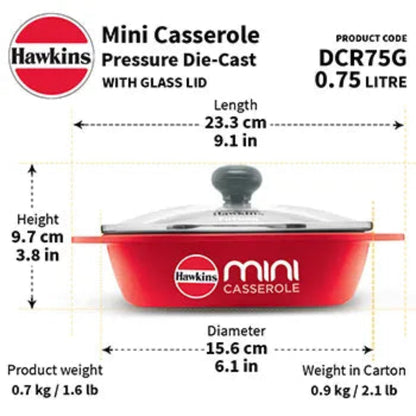 Hawkins Die Cast Oval Mini Casserole 0.75 Litre with Glass Lid