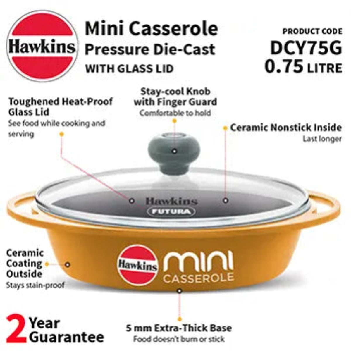 Hawkins Die Cast Oval Mini Casserole 0.75 Litre with Glass Lid