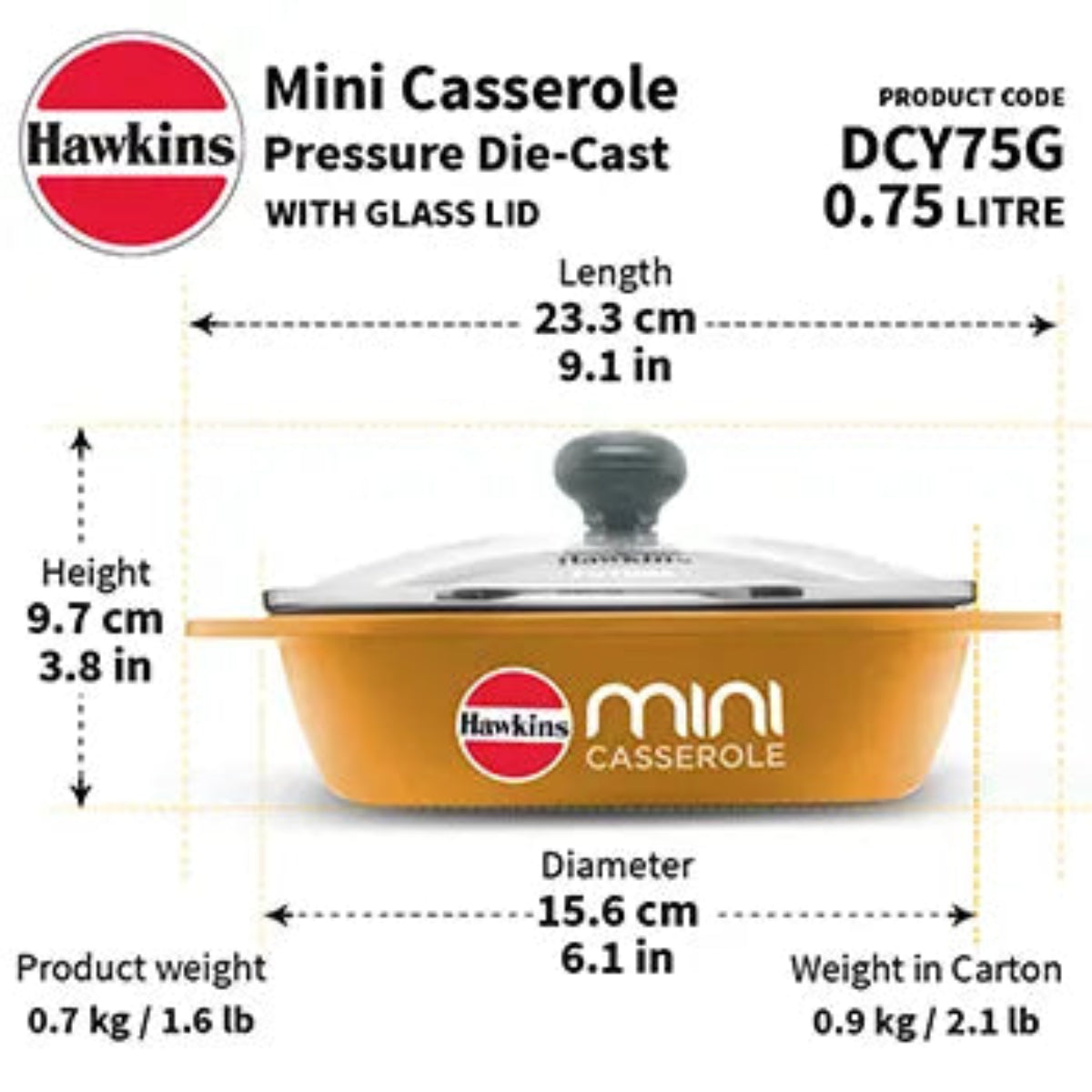 Hawkins Die Cast Oval Mini Casserole 0.75 Litre with Glass Lid