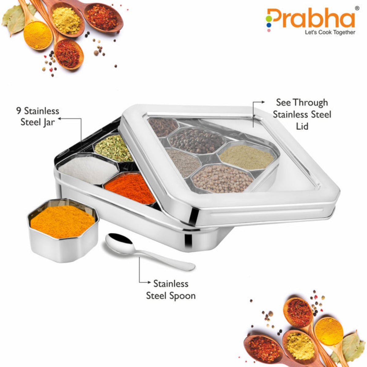 Prabha Stainless Steel Diamond Sqaure, Spice & Dry Fruits Container With See Through Glass Lid