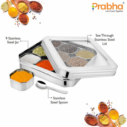 Prabha Stainless Steel Diamond Sqaure, Spice & Dry Fruits Container With See Through Glass Lid