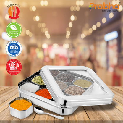 Prabha Stainless Steel Diamond Sqaure, Spice & Dry Fruits Container With See Through Glass Lid