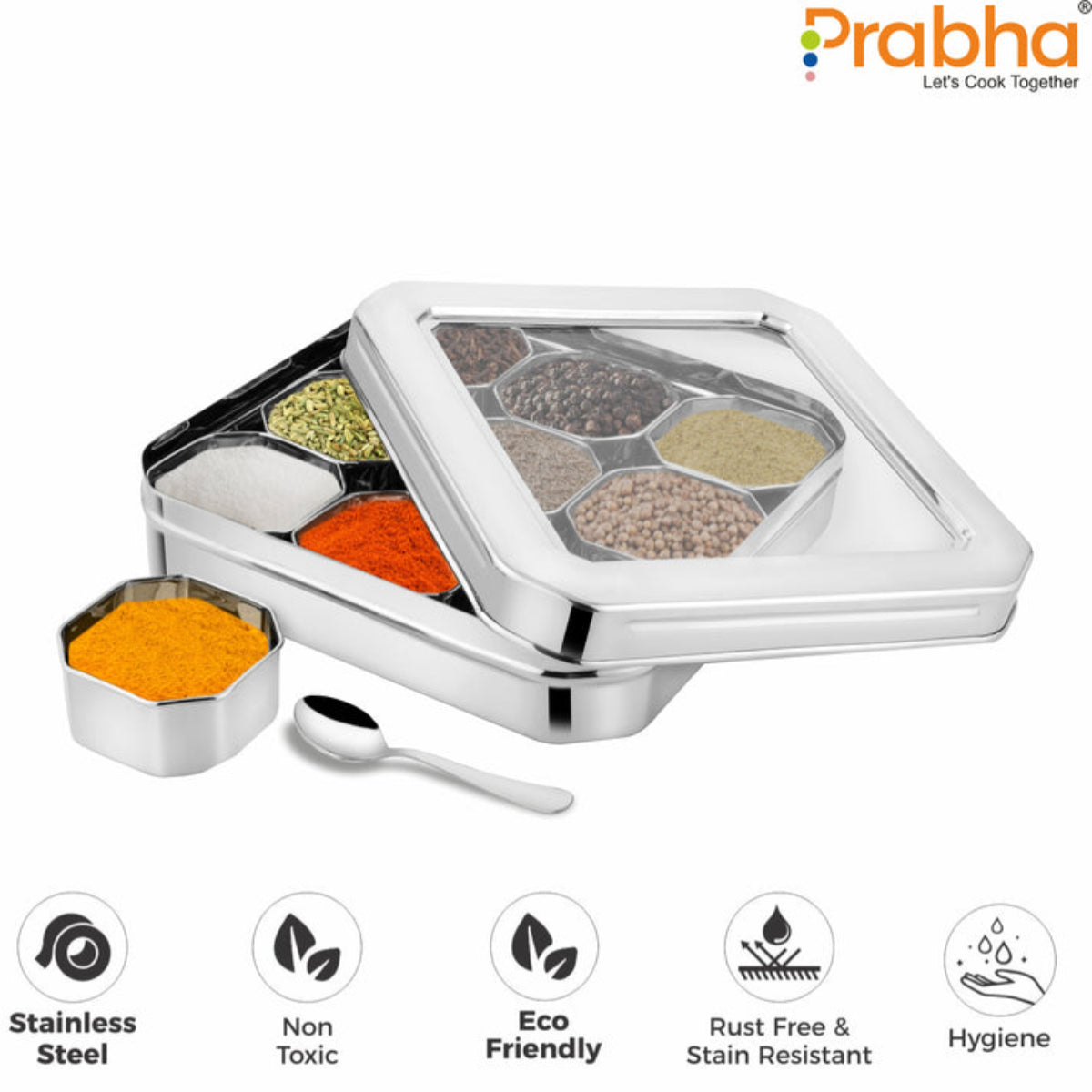 Prabha Stainless Steel Diamond Sqaure, Spice & Dry Fruits Container With See Through Glass Lid