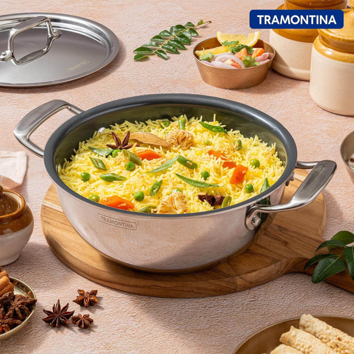 Tramotina Fusao EX+  Ceramic Stainless Steel Tri-Ply Extra Deep Kadai with SS Lid