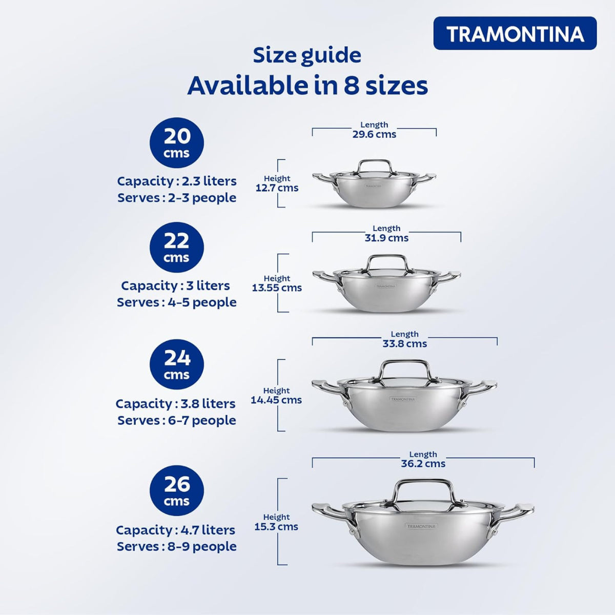 Tramotina Fusao EX+  Ceramic Stainless Steel Tri-Ply Extra Deep Kadai with SS Lid