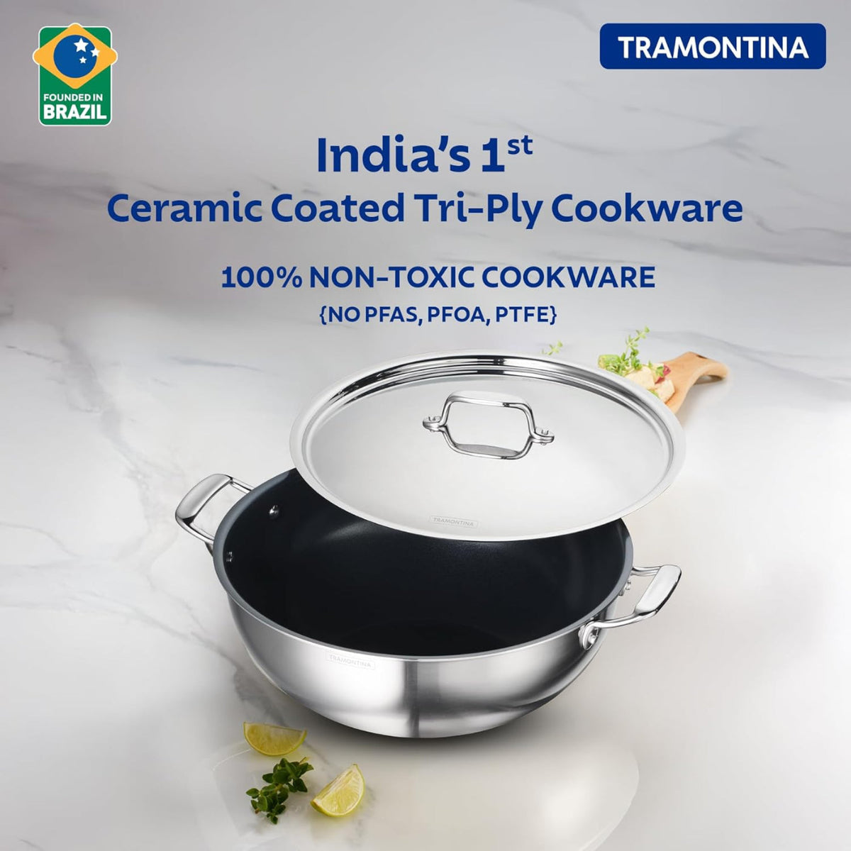 Tramotina Fusao EX+  Ceramic Stainless Steel Tri-Ply Extra Deep Kadai with SS Lid