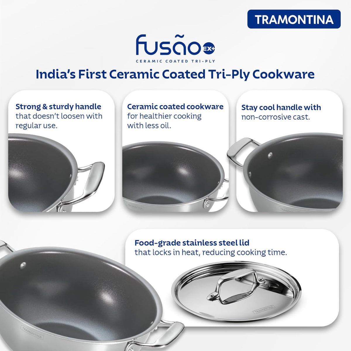 Tramotina Fusao EX+  Ceramic Stainless Steel Tri-Ply Extra Deep Kadai with SS Lid